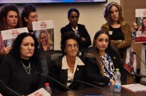 ARCCI's Orit Sulitzeanu (center) with Tali Binar (right) an advocate for survivors of the sexual violence of October 7 and a survivor of the Nova massacre; and Shelly Yachimovich (left), journalist and former Member of Knesset speak at the Knesset November 26, 2024. (Courtesy of ARCCI)